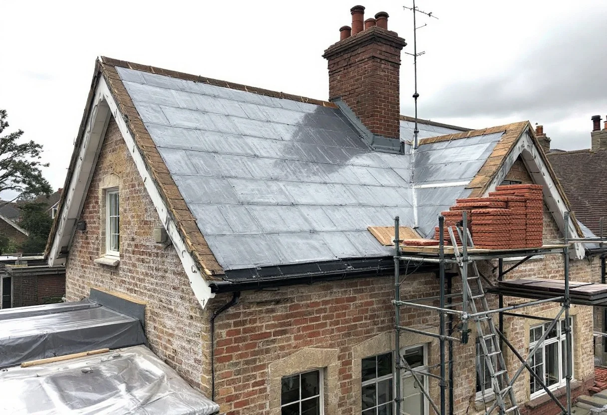 A re-roof in progress with new underlay down and tiles stacked on the scaffold